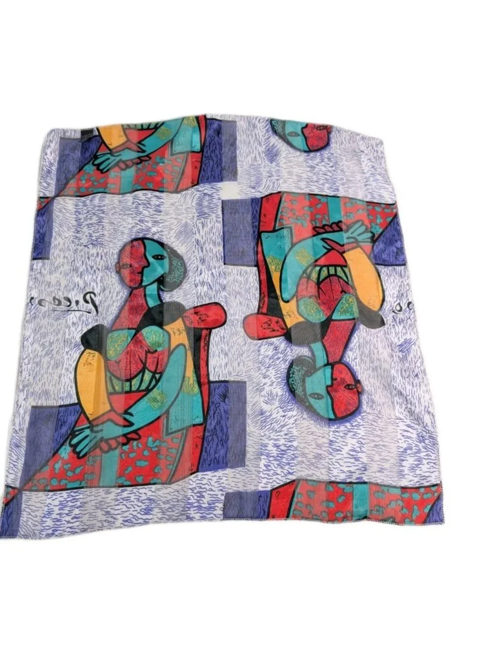 Vtg Picasso Print Scarf Abstract Portrait Art to Wear Korea silk feel polyester